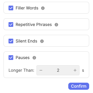 The options for Auto Cut in Visla: removing filler words, repetitive phrases, silent ends, and pauses.